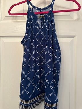 New York & Company Navy and White Chain-Print Halter Camisole with Gold Accent